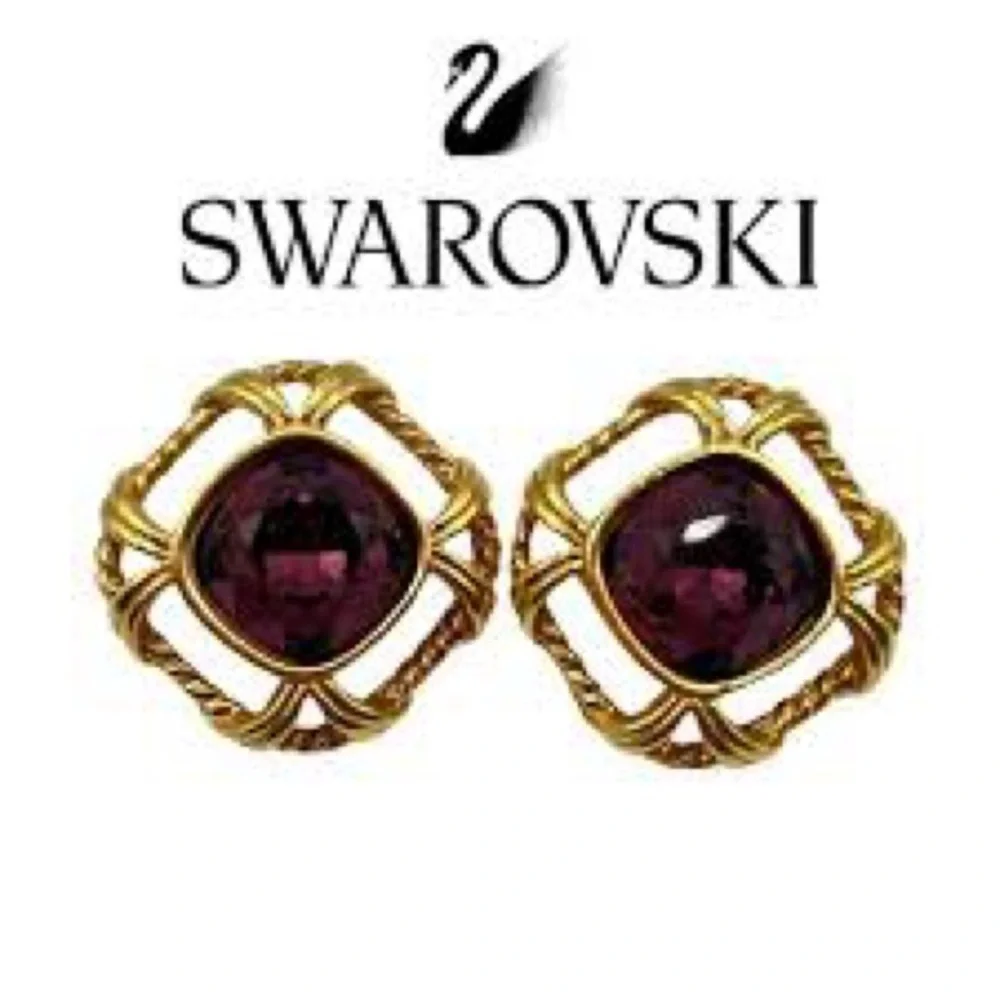 Vintage Swarovski Swan Gold And Purple Earrings Pierced